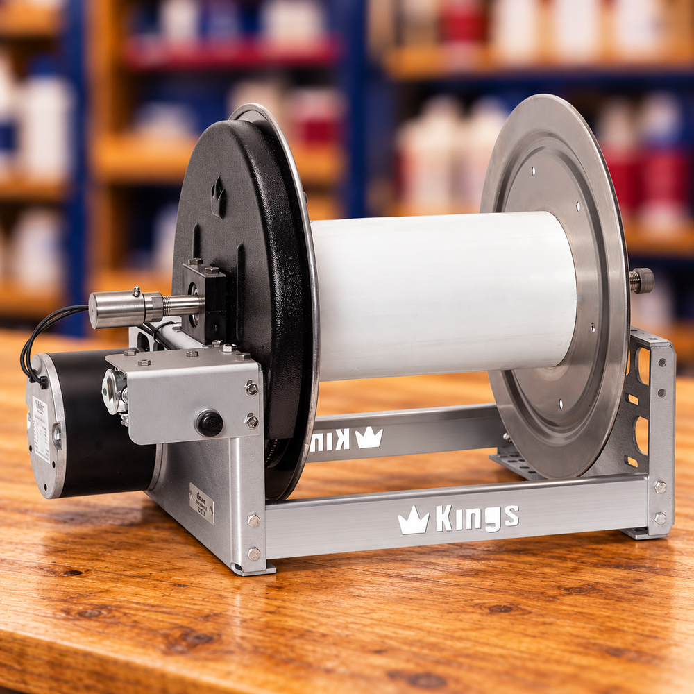 Kings 12-inch Electric Aluminum Hose Reel with Stainless Manifold